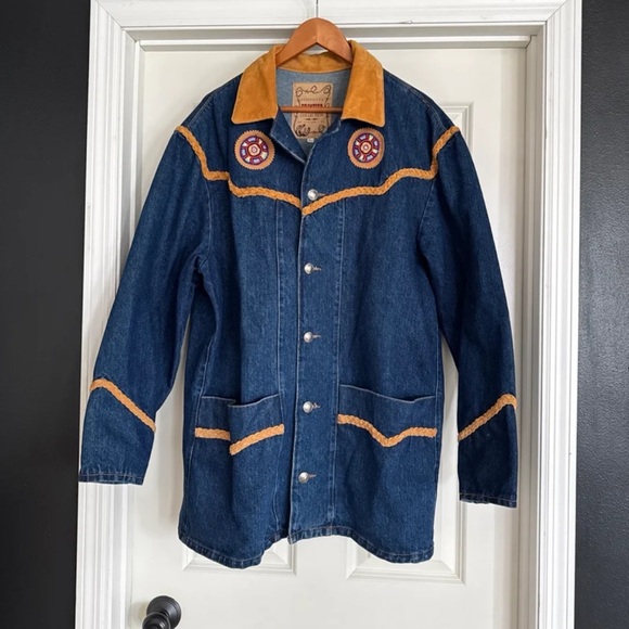 Frontier Collection Phoenix USA Denim Beaded Leather detail Chore Coat sz Large - Picture 11 of 12